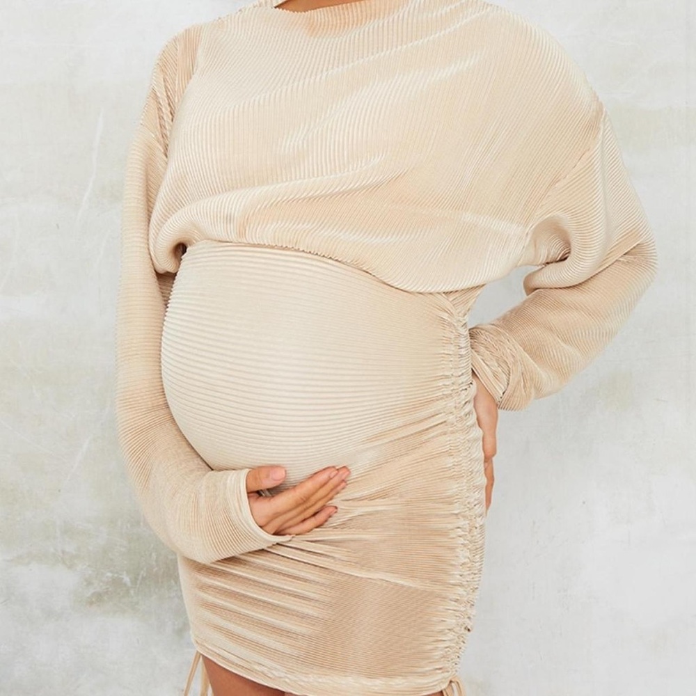 PrettyLittleThing Beige Ribbed Maternity Bodycon Dress